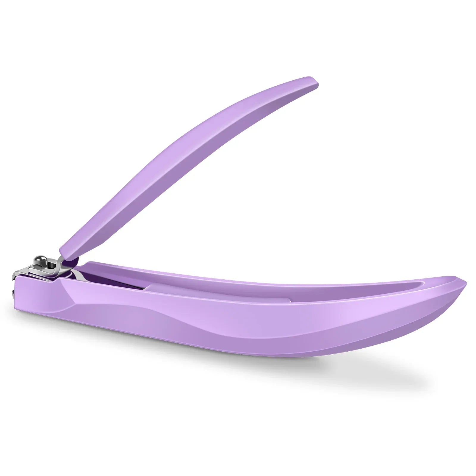 Purple ergonomic nail clipper with curved handle on white background