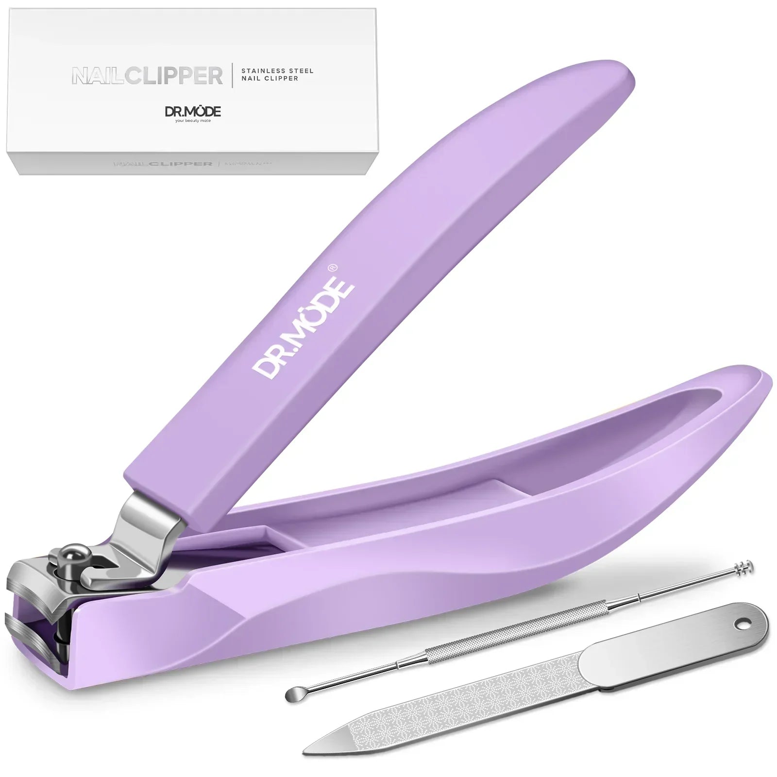 Lavender nail clipper set with stainless steel file and cuticle pusher, boxed packaging