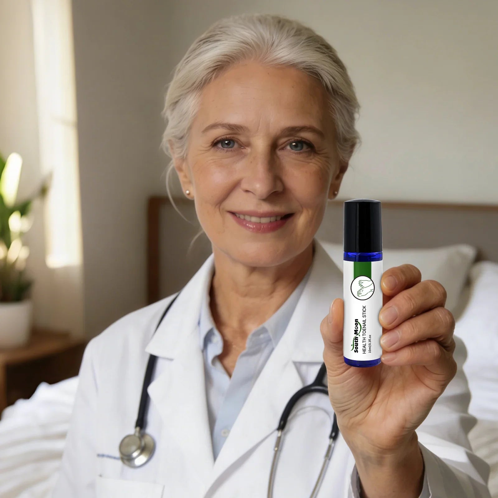 Female doctor in white coat smiling and holding a blue roll-on bottle in a bright room