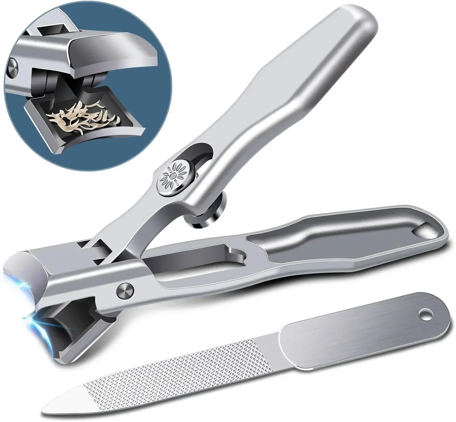 Stainless steel nail clipper with LED light, nail catcher, and nail file for grooming
