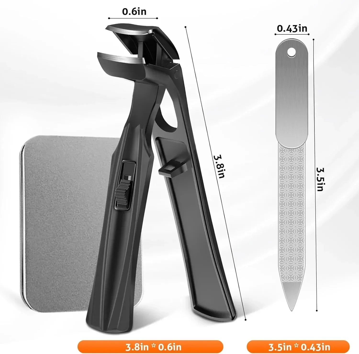 Black nail clippers and metal nail file set with case, showing precise measurements