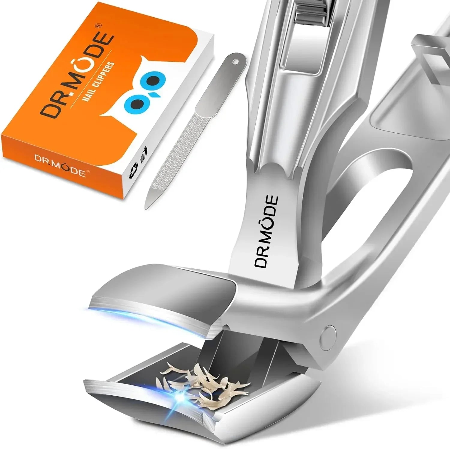 Stainless steel nail clippers with nail catcher, nail file, and orange box packaging.