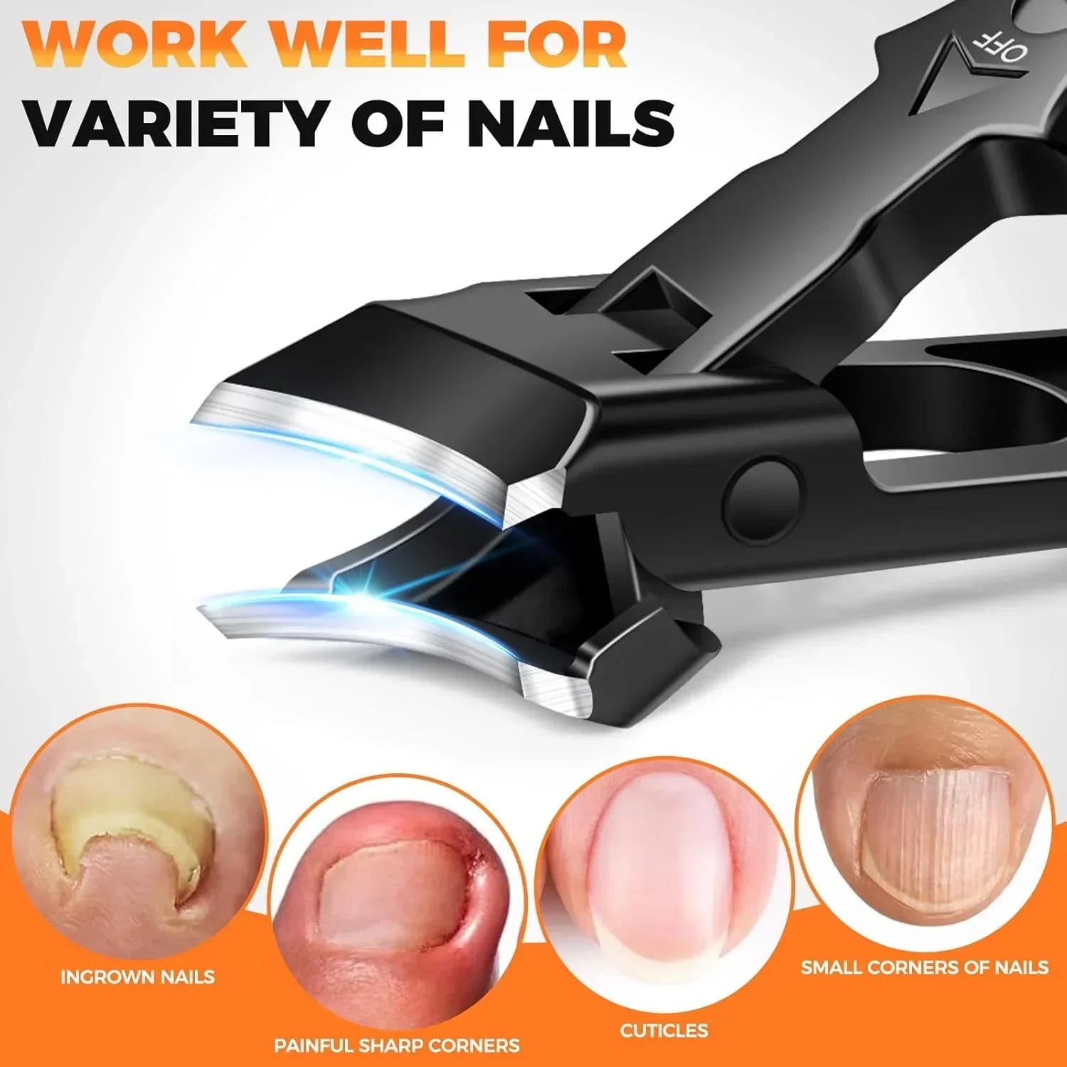 Close-up of precision nail clippers with sharp blades, suitable for ingrown nails, cuticles, and nail corners, featuring labeled nail types.