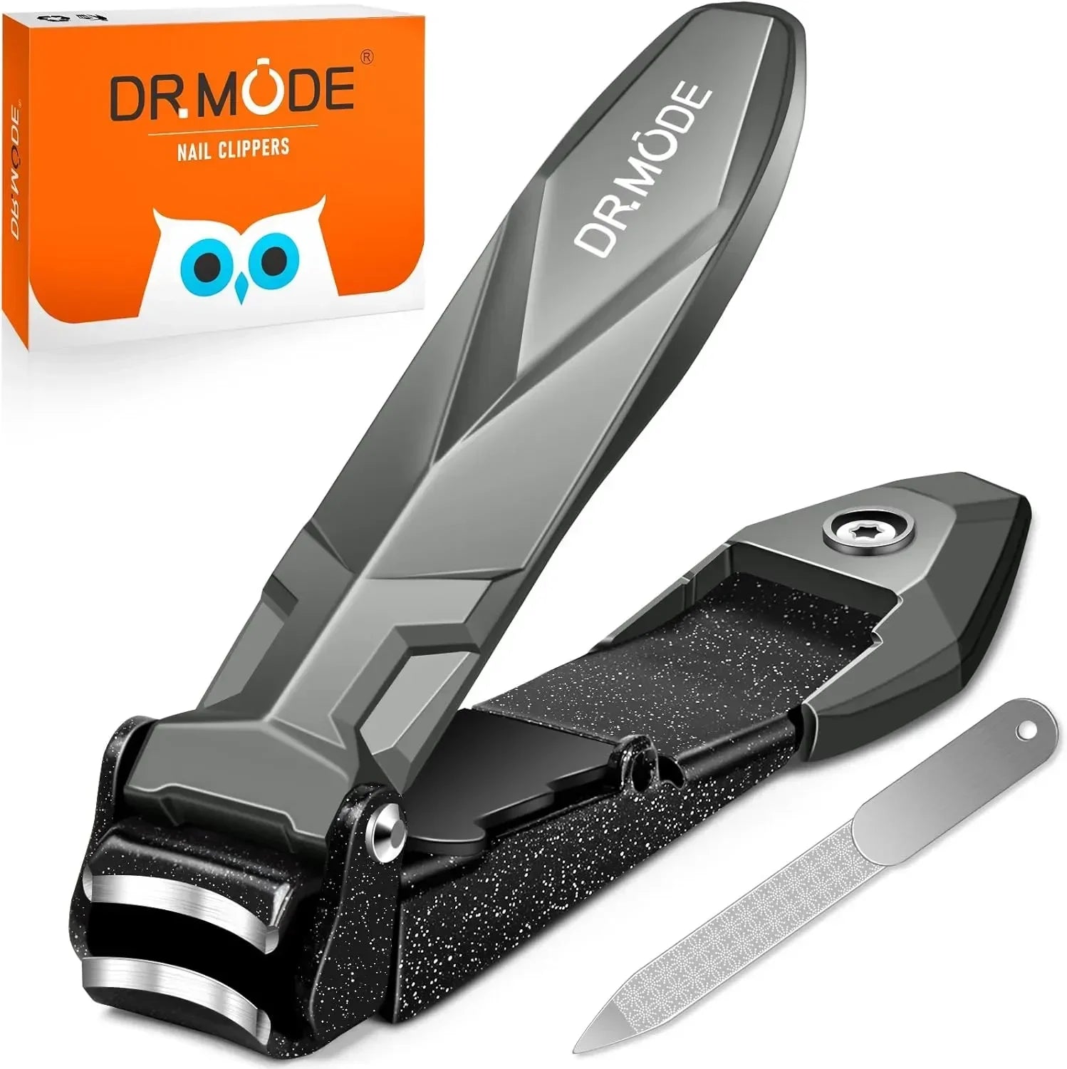 Stainless steel nail clippers and nail file set with ergonomic grip, shown alongside product box.