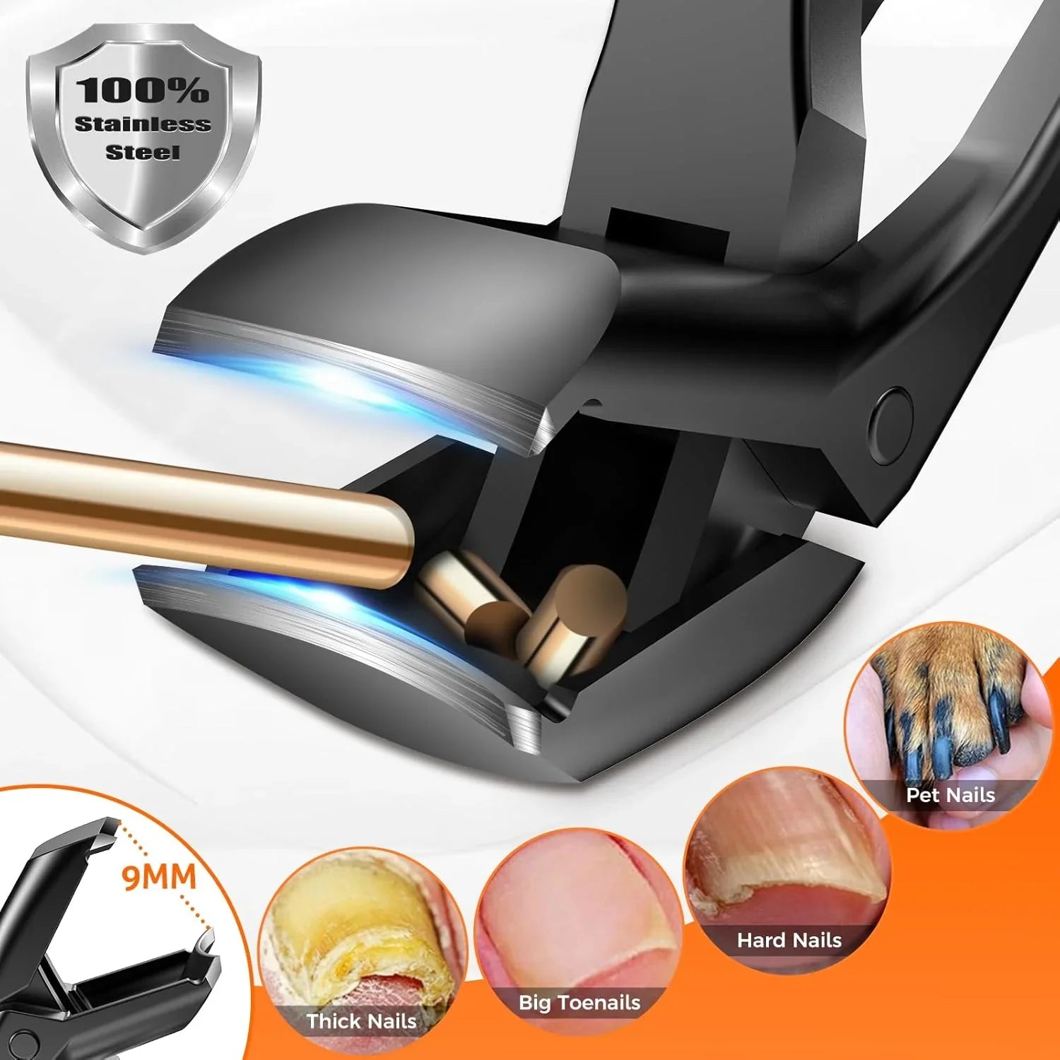 Stainless steel nail clipper cutting thick, hard, big toenails and pet nails, 9mm wide jaw