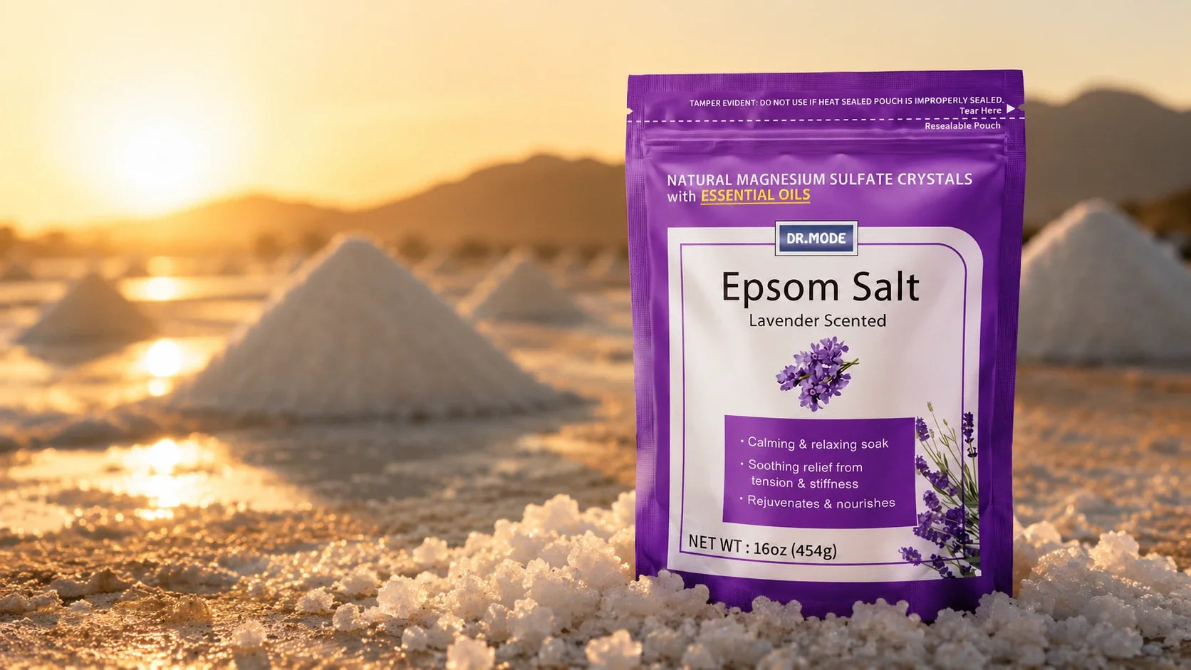 Raw natural epsom salt (magnesium sulfate) crystals in a desert-like pile, showing the pure ingredient source for an epsom salt foot soak, epsom salt bath soak, or epsom salt for feet and body care