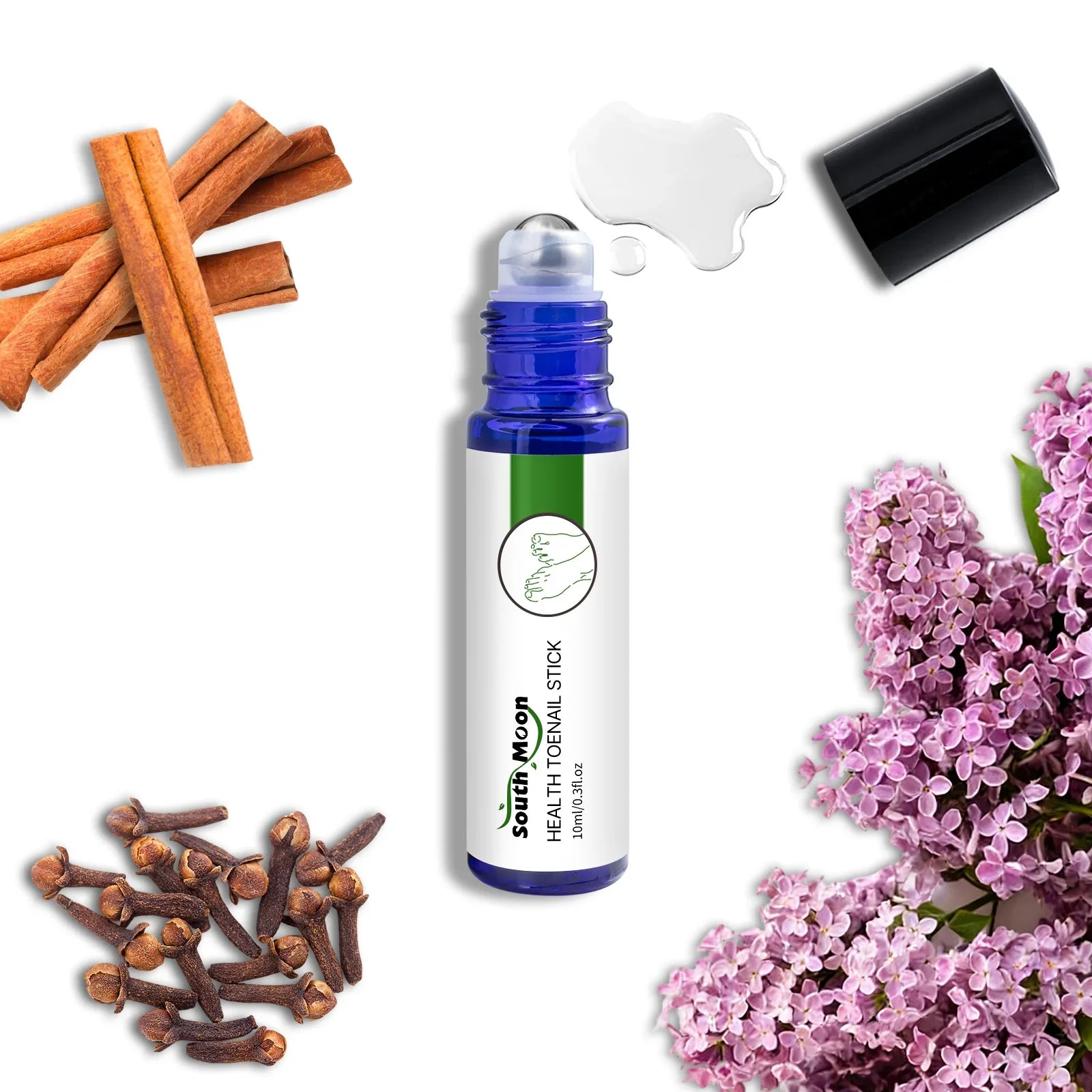 Blue roll-on nail treatment stick with open cap, surrounded by cinnamon, cloves, lilac and liquid