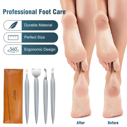 Foot care tools set with ergonomic handles, carrying case, and before and after results on heels.