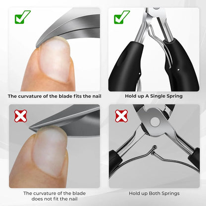 Diagram comparing correct and incorrect nail clipper use, showing blade curvature and spring use.